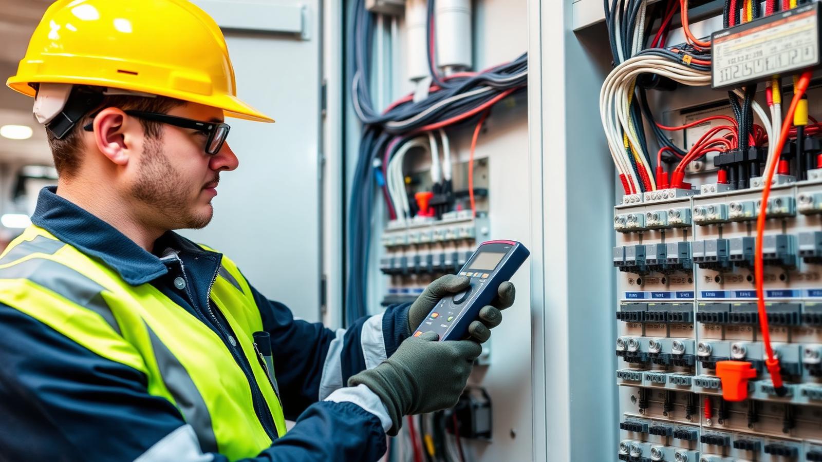 Electrician testing an industrial distribution board