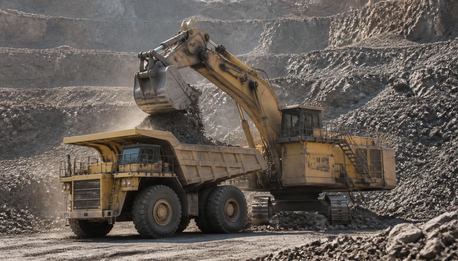 Excavator loading a haul truck in an open-pit mine